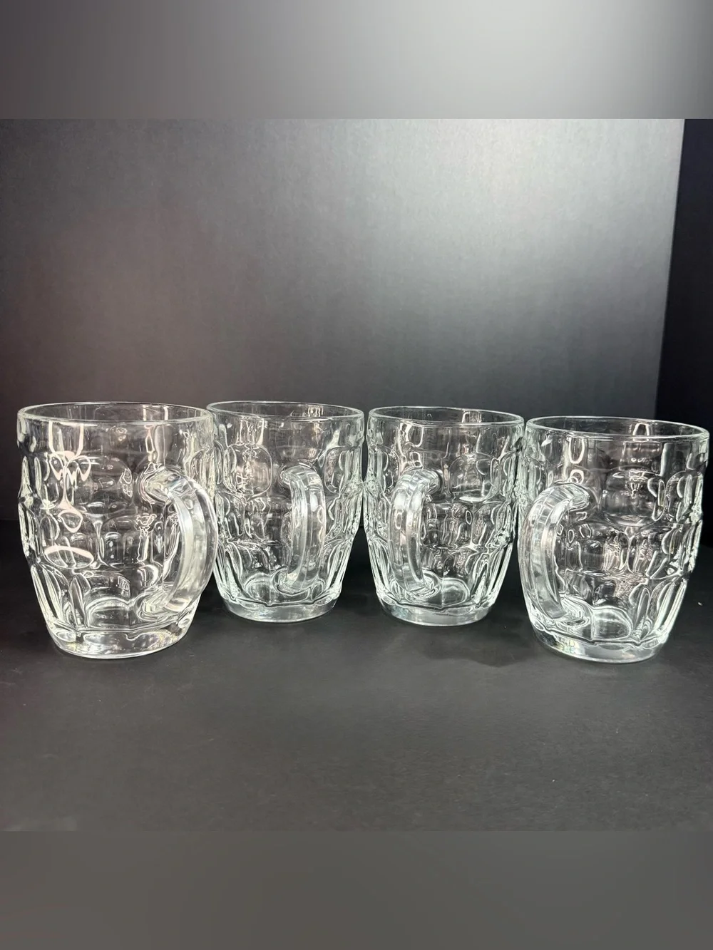 Vintage SET of 4 VINTAGE LUMINARC FRANCE CLEAR GLASS THUMBPRINT BEER MUGS 5